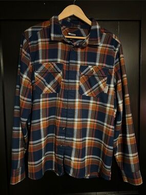 Outdoor Research Feedback Flannel Navy, Orange & Light Blue Plaid